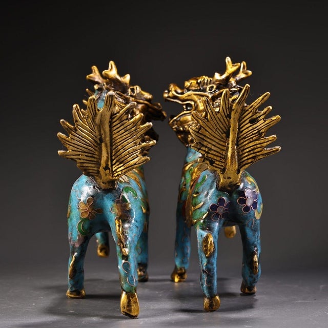 Metal Mid 20th Century Pair of Gilt Cloisonne Enamel Qilin Figures – 5.1" Mythical Beast Statues For Sale - Image 7 of 10