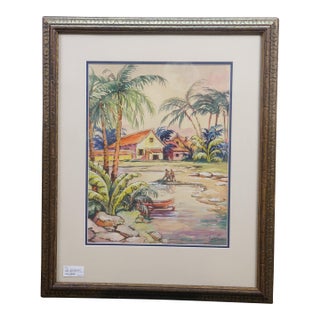 Late 20th Century Talbot Southeast Asian Fishing Village Watercolor on Silk Painting 27" For Sale