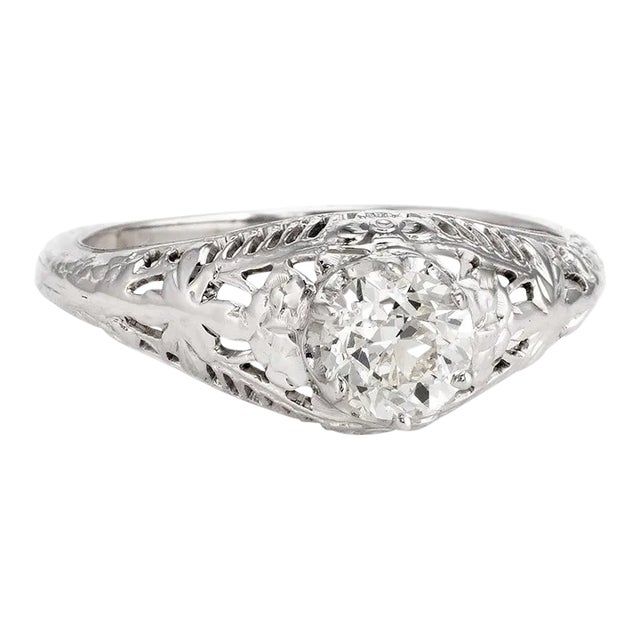 Vintage Art Deco Diamond Engagement Ring 14k Gold Filigree Mine Cut Jewellery size 4.75 For Sale