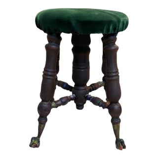 Late Victorian Claw-and-Glass-Ball Stool With Emerald Green Velvet Seat For Sale