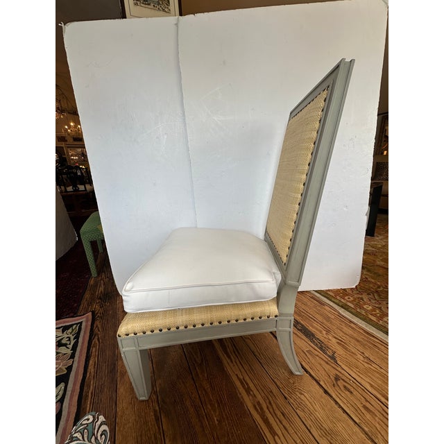 Oly Studio raffia and grey /gilded wood side chair having new white seat cushion; beautiful French grey finish with...