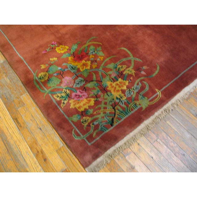 1920s Orange Persimmon Flower Modern Antique Chinese Art Deco Rug 9'x11' 8" Handknotted Wool Carpet For Sale - Image 4 of 5