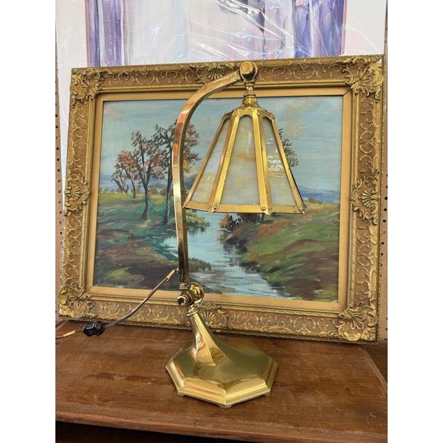 Antique Arts and Crafts Brass and Slag Stained Glass Lamp c.1910 by Salo Metal Arts Company For Sale In Seattle - Image 6 of 11