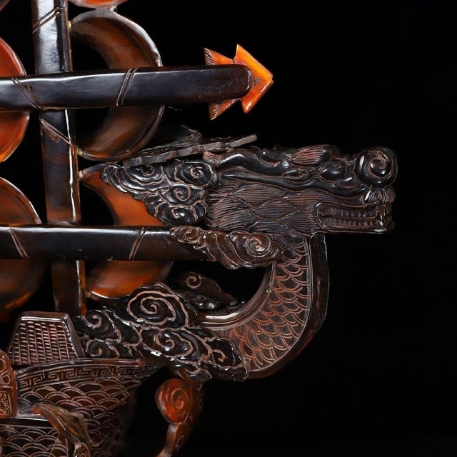 Monumental Vintage Chinese Hand-Carved Horn Dragon Boat - 29" Tall "Smooth Sailing" Sculpture For Sale - Image 4 of 10