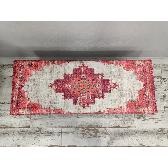 Handmade Upholstered Bench in Red Rug Print Fabric For Sale - Image 4 of 13