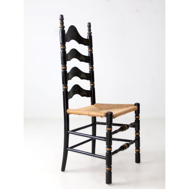 Wood Vintage Hitchcock Style Ladder Back Chair With Rush Seat For Sale - Image 7 of 15