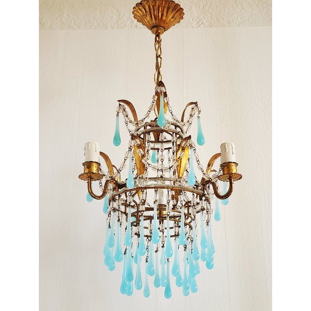 Vintage Gilt Metal Italian Chandelier With Blue Opaline Crystals For Sale In New York - Image 6 of 12