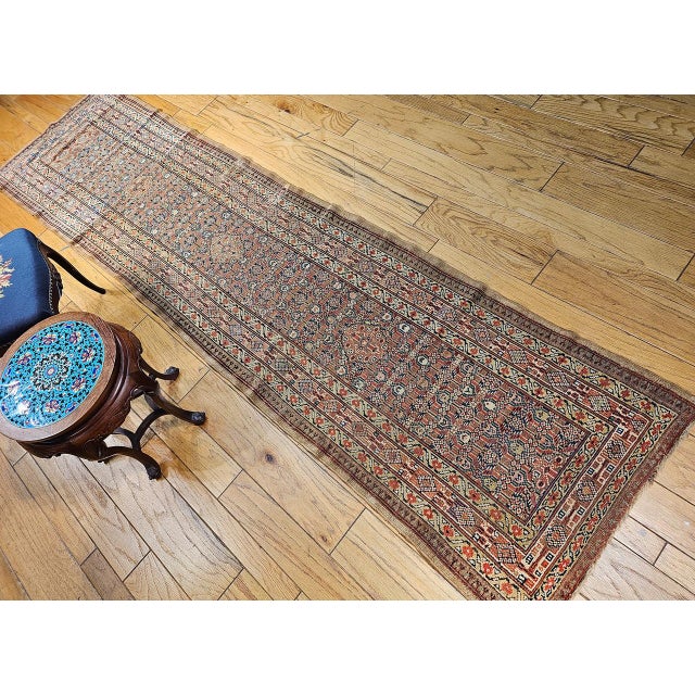 Antique Serab Camel Hair Runner Rug, Hand-Knotted Wool, Allover Geometric Pattern, Red & Green, 3x12 For Sale - Image 10 of 18
