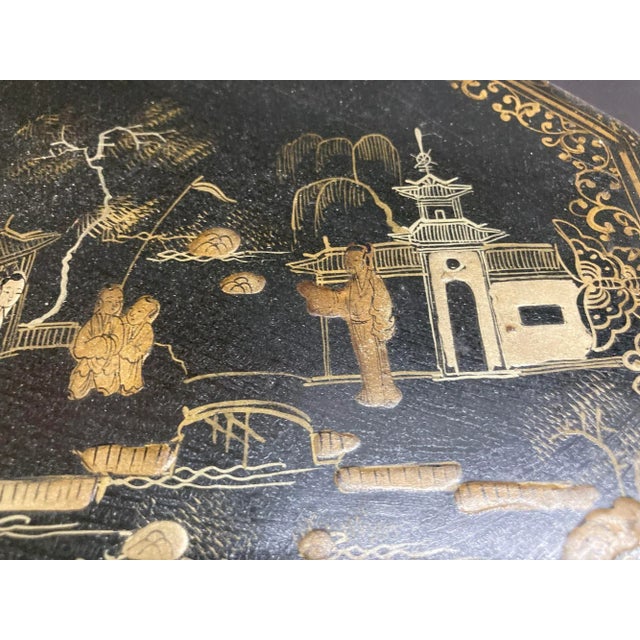 Mid 20th Century Large Chinese Tea Box Black Lacquered Gilt Hand Painted Octagonal Box 1940s For Sale - Image 5 of 12
