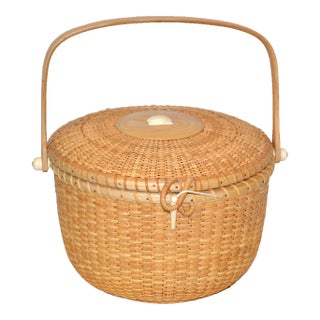 Vintage Lidded Basket Handmade Bamboo & Handwoven Rattan Nautical Seashell 1980 For Sale