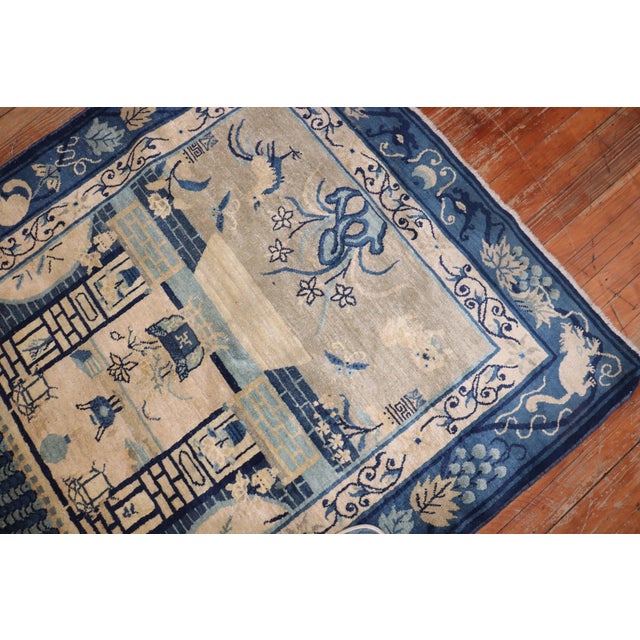 Zabihi Collection Tan Blue Color Early 20th Century Antique Chinese Oriental Rug - 4'1" x 5'9" For Sale In New York - Image 6 of 7