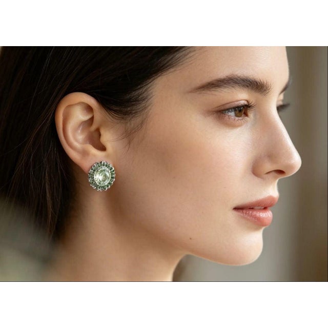 Stunning 14K White Gold Green Amethyst and Diamond Earrings featuring 12 mm round green amethysts surrounded by brilliant...