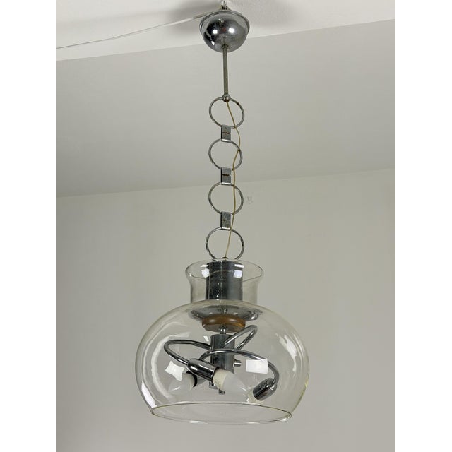 Metal Glass and Steel 3-Light Pendant, Italy, 1970s For Sale - Image 7 of 8