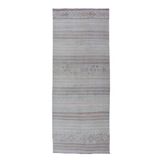 Vintage Turkish Gallery Kilim Runner With Creams, Soft Coral and Light Brown For Sale