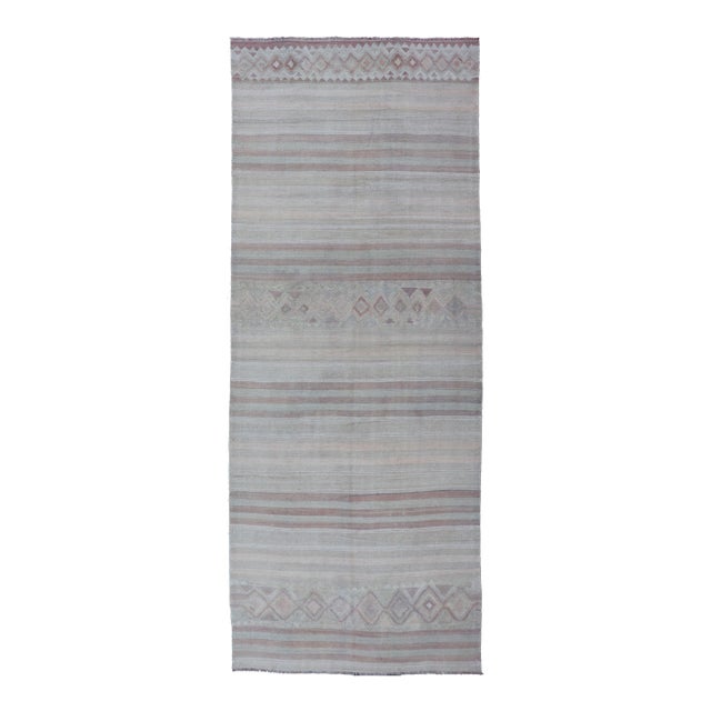 Vintage Turkish Gallery Kilim Runner With Creams, Soft Coral and Light Brown For Sale