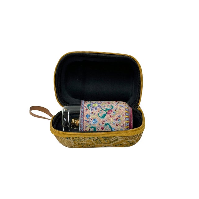1990s Set Oriental Pink Turquoise Floral Graphic Porcelain Tea Filter Pitcher Cups W Case For Sale - Image 5 of 6