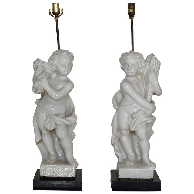 20th Century Pair of White Glazed Terracotta Cherub Lamps on Wooden Bases For Sale - Image 10 of 10