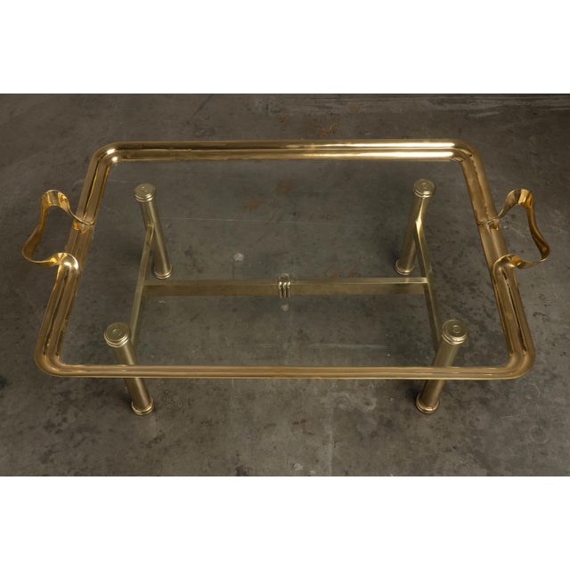 1980s Brass & Glass Coffee Table Glam Metal Chic Tray-Form For Sale - Image 10 of 11
