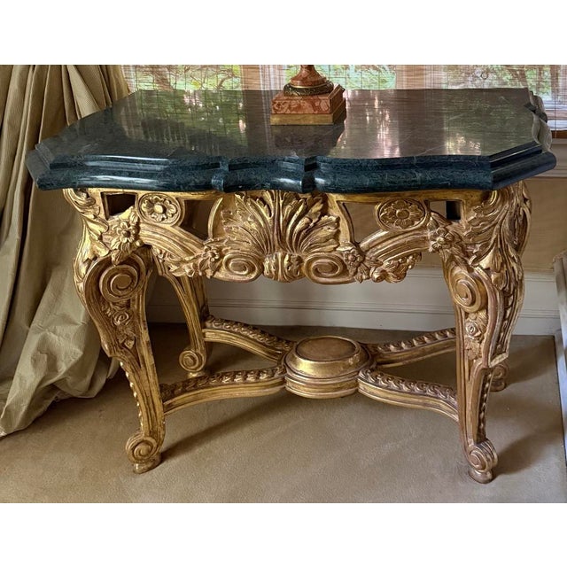18th C Style Giltwood Rococo Marble Top Console Table - 1 of 2 Available.