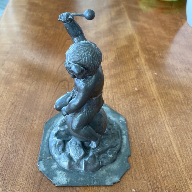 Victorian Metal Cherub With Mallet for Iron Forge Made in Silver Plate with Metal Patina For Sale - Image 3 of 11
