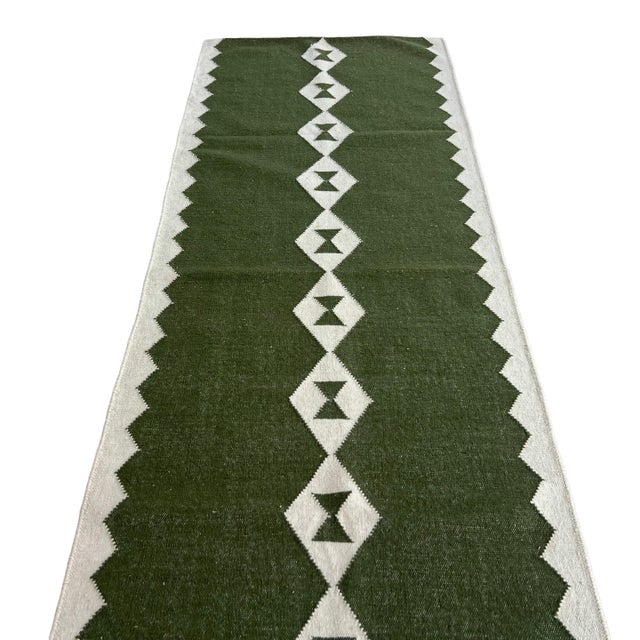 Textile Handmade New Zealand Wool Dhurrie Runner, Olive Green and Cream Geometric Runner Rug- 3'x12' For Sale - Image 7 of 10