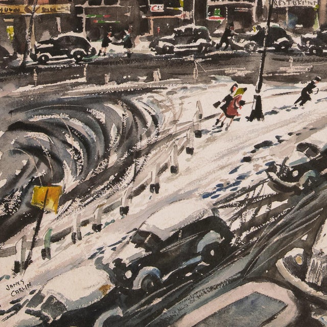 'Winter in the City' by James Carlin, Mid-Century Urban Landscape Featuring 1930s Scaffold Sky Sign, American Modern Realism For Sale - Image 9 of 9
