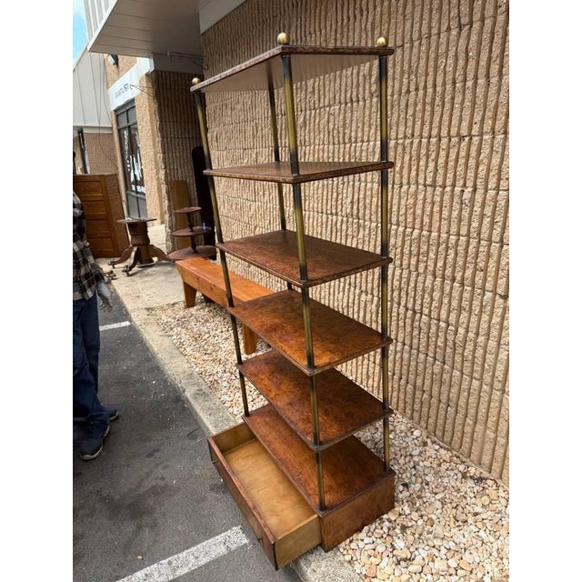 Hollywood Regency Vintage Hollywood Regency Style Brass Frame Burled Wooden Shelves Bookcase Etagere For Sale - Image 3 of 17