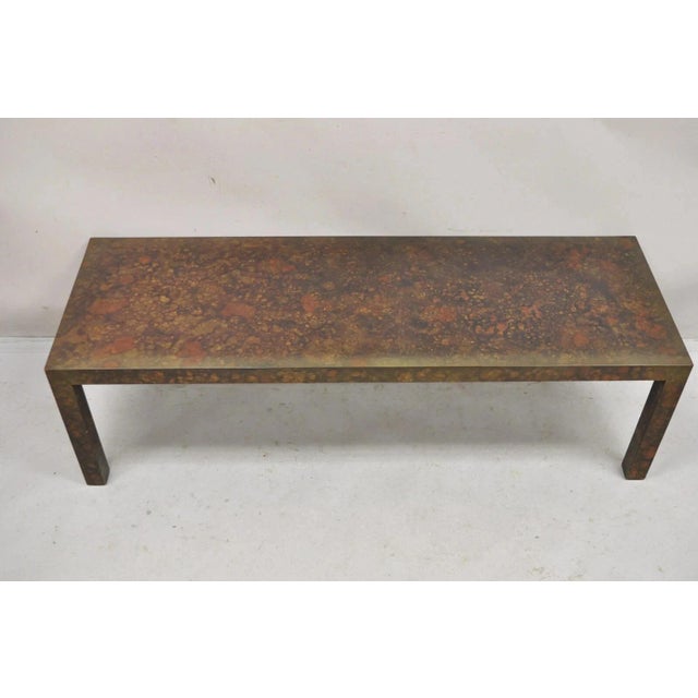 Modern Mid Century Modern Brown Tortoiseshell Lacquer 54" Parsons Bench Coffee Table For Sale - Image 3 of 12