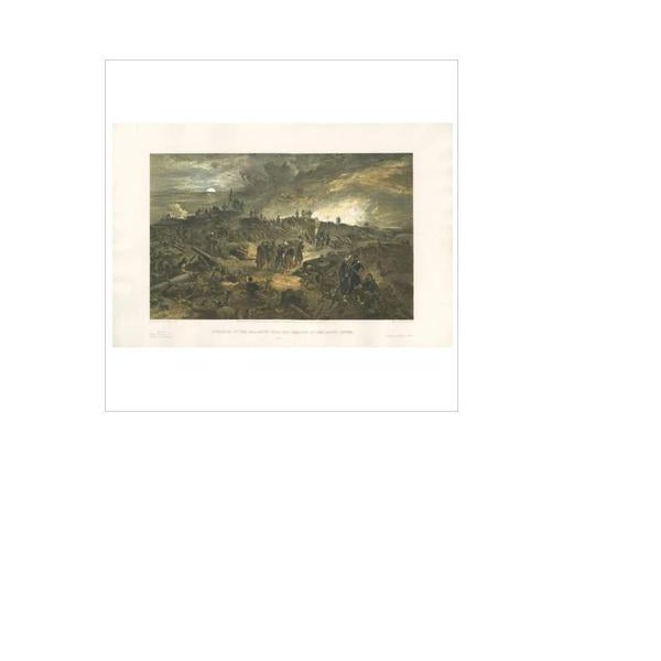 Antique print titled 'Interior of the Malakoff with the remains of the round tower'. Print shows an interior view of the...