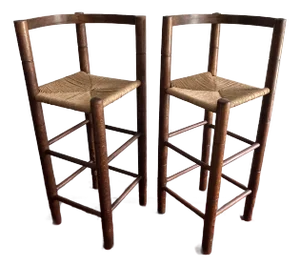 1970s Mid Century Bar Stools Bent Wood & Paper Cord Seat - A Pair