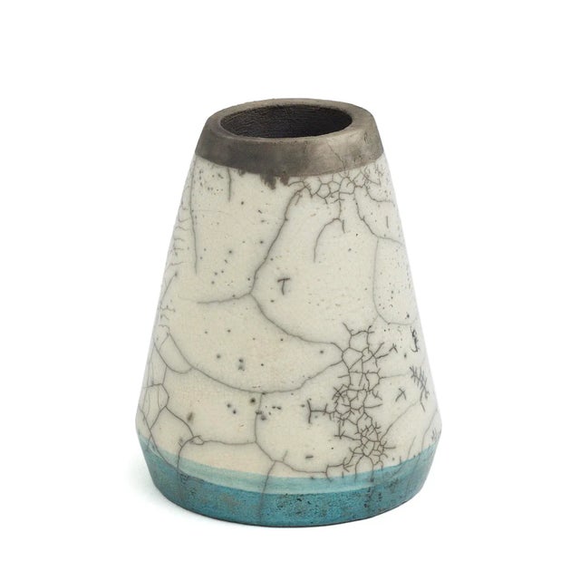 Middle Eastern Modern Green White Black Metal Raku Ceramic Kazan Vase by Laab Milano For Sale - Image 4 of 5