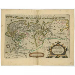 Antique Map of Friesland with Elaborate Cartouche by Mapmaker Ortelius, 1570