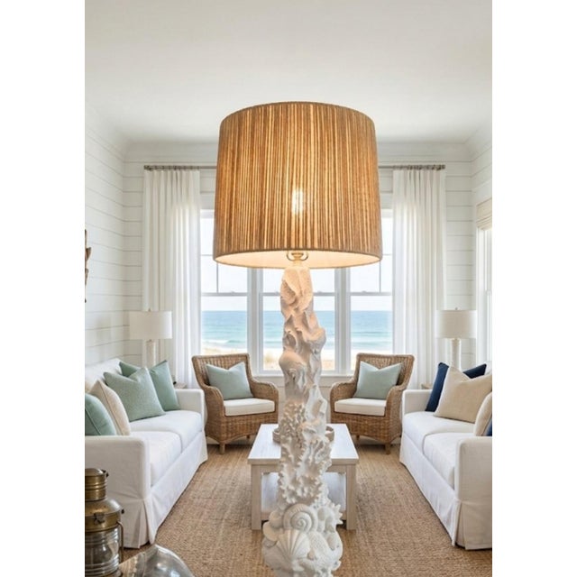 1990s Coastal White Carved Coral Seaside Clamshell Tall Floor Lamp With Shade For Sale In West Palm - Image 6 of 9