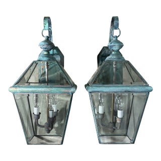 Pair of Vintage Solid Brass Lanterns - 10”w X 11” X 20”.5 High For Sale