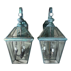 Pair of Vintage Solid Brass Lanterns - 10”w X 11” X 20”.5 High