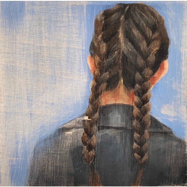 This oil on panel artwork features a figure viewed from behind, emphasizing the intricate detail of the subject's braided...