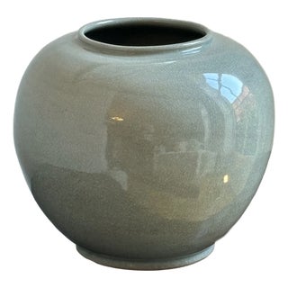 Large Crackle-Glazed Celedon-Style Pottery Vase For Sale