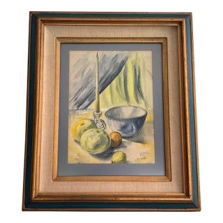 1980s Still Life Kitchen Watercolor Fruit, Candlestick Painting Framed For Sale