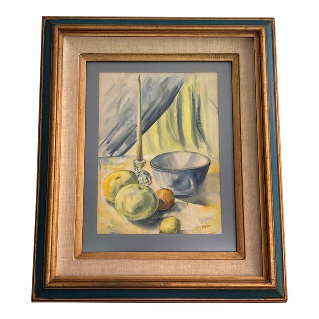 1980s Still Life Kitchen Watercolor Fruit, Candlestick Painting Framed For Sale