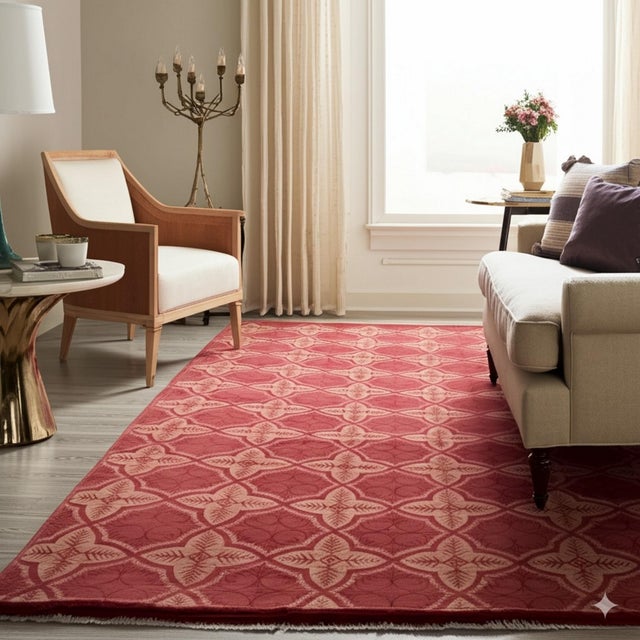 Penelope Maya Red Hand-Knotted Afghan Wool Rug Carpet, Allover Trellis For Sale - Image 4 of 6