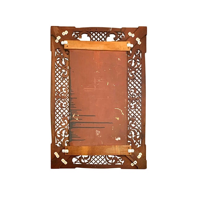 Mid-Century Modern Moroccan Hand-Carved Lattice Wood Mirror, Red Frame, Boho, 24.7"h For Sale In Tulsa - Image 6 of 6