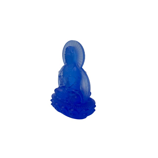Blue Frosted Crystal Glass Lotus Base 2 Sides Bodhisattva Guanyin Figure For Sale - Image 11 of 11