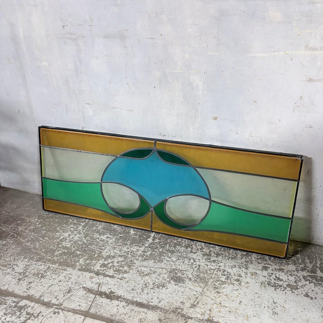 Vintage Geometric Stained Leaded Glass Window Panel For Sale - Image 6 of 12