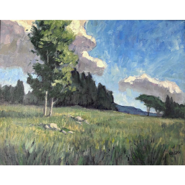 Stunning New England countryside oil painting by Virginia artist Mary Peterson Vargas. The artist combines dynamic shapes,...