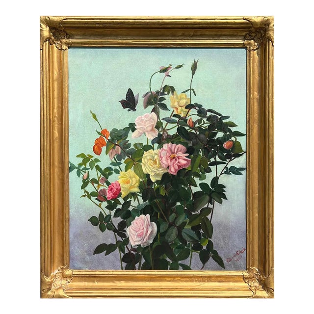 19th Century Floral Still Life with Butterfly Oil Painting For Sale