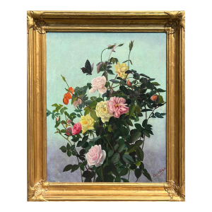 19th Century Floral Still Life with Butterfly Oil Painting