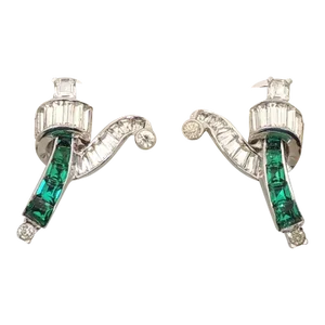 Vintage Signed Mazer Rhodium Plated Faux-Emerald & Clear Rhinestone Clip Earrings - 2 Pieces