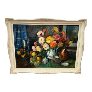 Floral and Fruit Still Life Painting Edith Gert (Denmark,1906-1970) Original Oil on Canvas For Sale