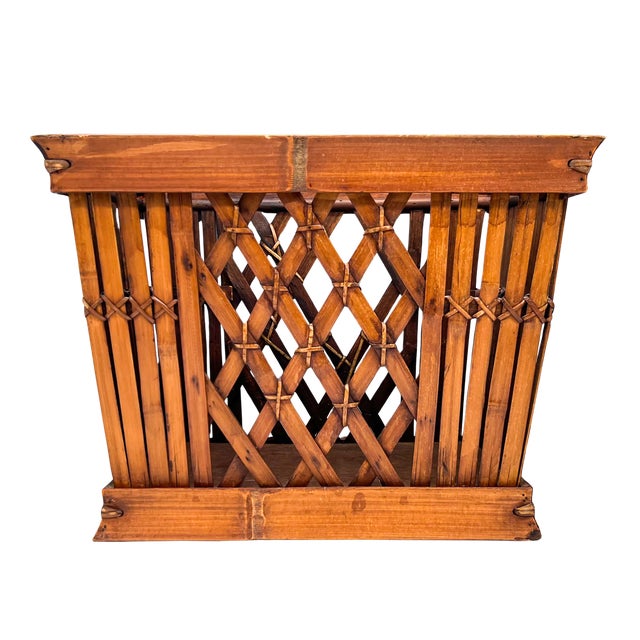 Vintage Handcrafted Bamboo & Rattan Lattice Storage Basket – Chinoiserie / Coastal For Sale - Image 9 of 11