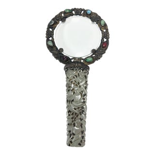 Antique Chinese Export Silver and Open Work Nephrite Jade Magnifying Glass For Sale